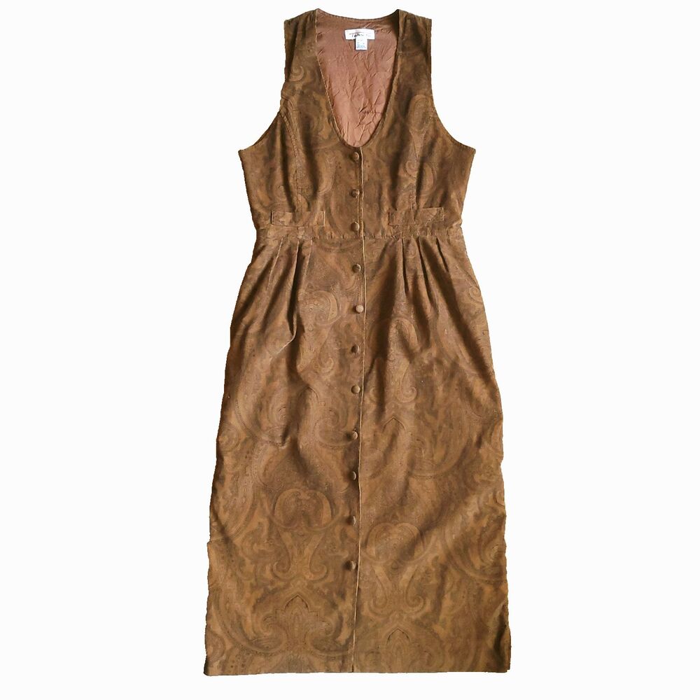 VTG Talbots Corduroy Jumper Dress Sz 12 Brown Paisley Button Up Overall Teacher